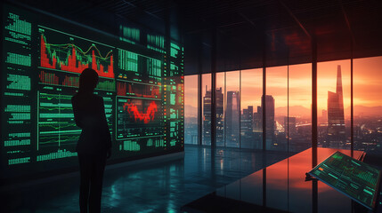 Sleek minimalist office with a panoramic view of the city skyline at sunset, showcasing financial data on digital screens