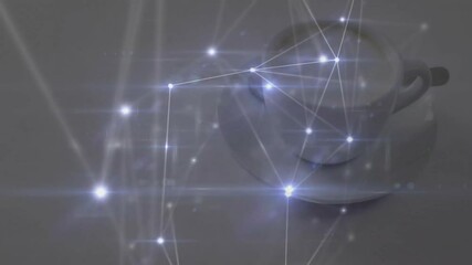 White coffee cup sitting on gray tabletop, showing glowing digital network nodes connecting lines - Powered by Adobe