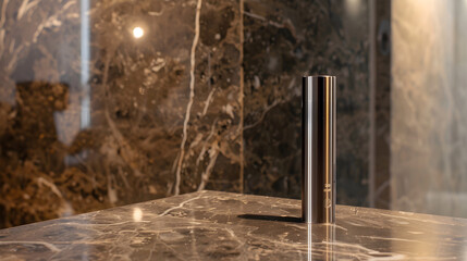 Sleek metallic vaping device resting on marble surface, minimalist design with copy space, modern smoking alternative and electronic cigarette concept.
