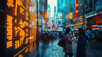 Obraz premium Bustling financial district with busy streets and illuminated displays during evening hours