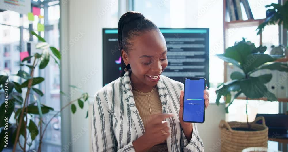 Poster face, business and woman with presentation, phone or proposal for live streaming. african person, so