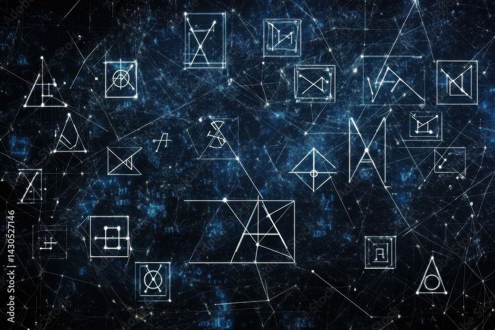 Poster mathematical symbols and greek letters arranged over a dark background creating a unique digital com