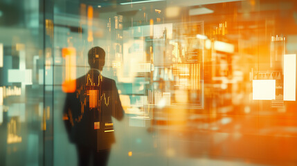 Reflection of a trader examining market data in a modern financial office environment during a busy trading session