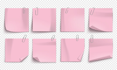 Vector note with metallic paper clip isolated on transparent background. Mockup of realistic sticky note for design.