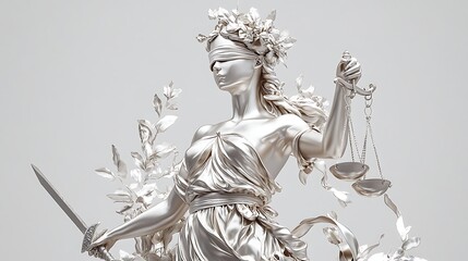 Highly detailed silver statue of Justice with sword and scales