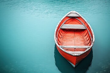 Obraz premium Boat floats serenely in clear turquoise waters reflecting soft light, Vertical shot of a boat in the turquoise water