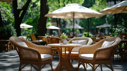 Obraz premium Sunny patio cafe wicker chairs, park setting