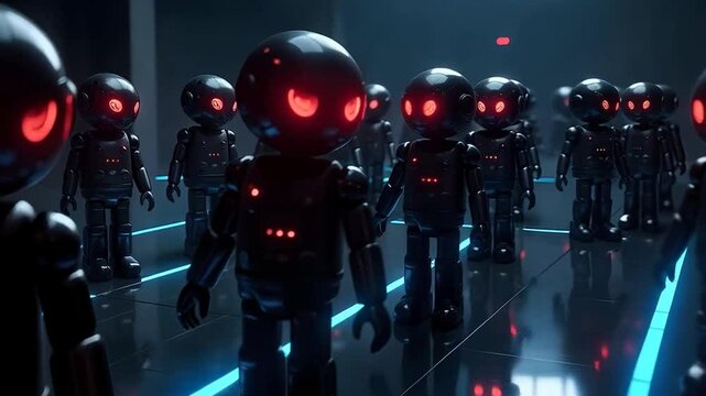 Robots with evil red eyes depicting botnets or AI errors