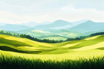 Obraz premium Abstract Outdoors. Green Field and Mountains Landscape Illustration