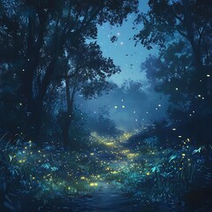 Fototapeta premium Peaceful forest glowing with hundreds of bright fireflies at night