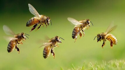 A group of five bees in flight.