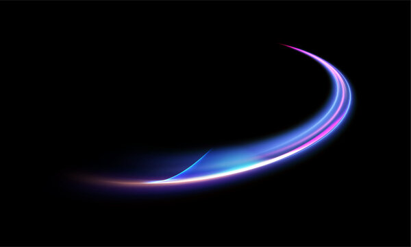 Abstract neon light trail with shining blue and pink gradient and smooth semi-transparent texture on dark background. Vector for technology visuals, UI design or digital abstract concepts.