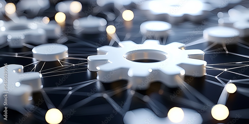 Aufkleber simplistic graphic of central gear surrounded by circles representing connectivity and collaboration