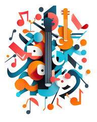 Colorful abstract music composition with instruments and notes, white isolate background.