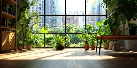 Modern Office Interior with Large Windows Offering Urban Skyline View, Featuring Wooden Furniture, Shelving, Plants, and Natural Light