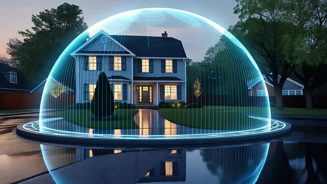 Futuristic Smart Home Protected by a Transparent Security Dome, Displaying Advanced Technology in a Residential Neighborhood