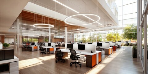 Modern office interior with bright lighting, glass walls, minimalist furniture, and organized workstations creating a collaborative workspace environment