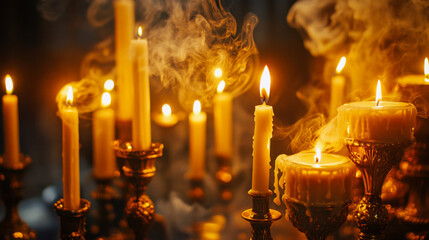 Fototapeta premium Vintage candles glowing softly with trails of smoke in ornate brass holders at an evening gathering