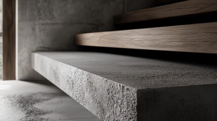 Modern concrete and wood stairs, close-up view.
