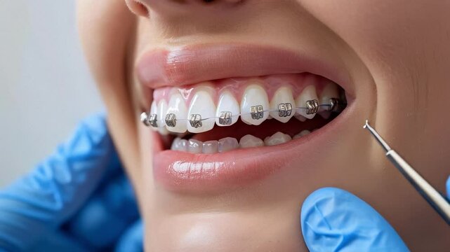 A dental professional carefully attaches braces to a patient&rsquo;s teeth using specialized tools. The well-lit environment emphasizes the precision of orthodontic work being performed.
