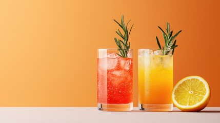 Fototapeta premium beverage mocktail branding concept Refreshing cocktails with vibrant colors and garnishes on a gradient backdrop.