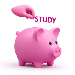 Obraz premium Saving for Education: Pink Piggy Bank with Hand Placing the Word 'Study' Above It, Representing Investing in Future Learning