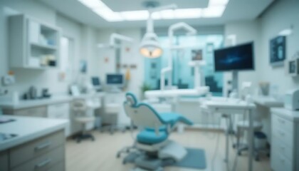 Blurred dental clinic background. Defocused interior of modern dental office with focus on patient chair and dental equipment. Side view