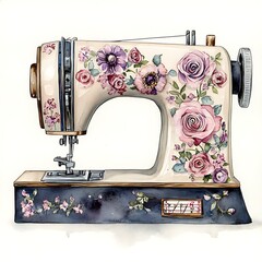 Watercolor illustration of vintage sewing machine with floral design