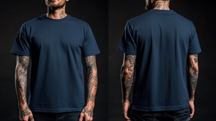 Blank navy blue t-shirt mockup on male model with tattoos