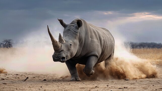 A mighty rhinoceros charges forward, dust swirling around its massive frame, embodying raw power and unstoppable determination.

