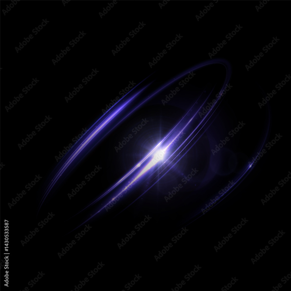 Poster futuristic glowing rings of purple light with a central flare and lens effect on a dark background. 