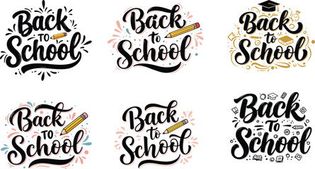 Fototapeta premium Back to School Typography Vector Bundle ,Hand Lettering Education Designs with Pencil, Book, and Graduation Elements on transparent background .
