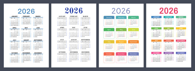 2026 year calendar set. Color vector pocket calender design. Week starts on Sunday. January, February, March, April, May, June, July, August, September, October, November, December