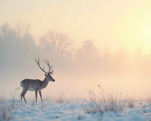 Lone Deer in Soft Winter Fog on Quiet Snow Meadow