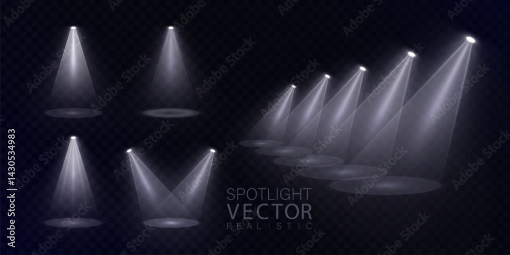 Aufkleber A set of realistic white spotlights with soft haze and glowing beams on a dark transparent background. Ideal for stage lighting mockups, concert designs.