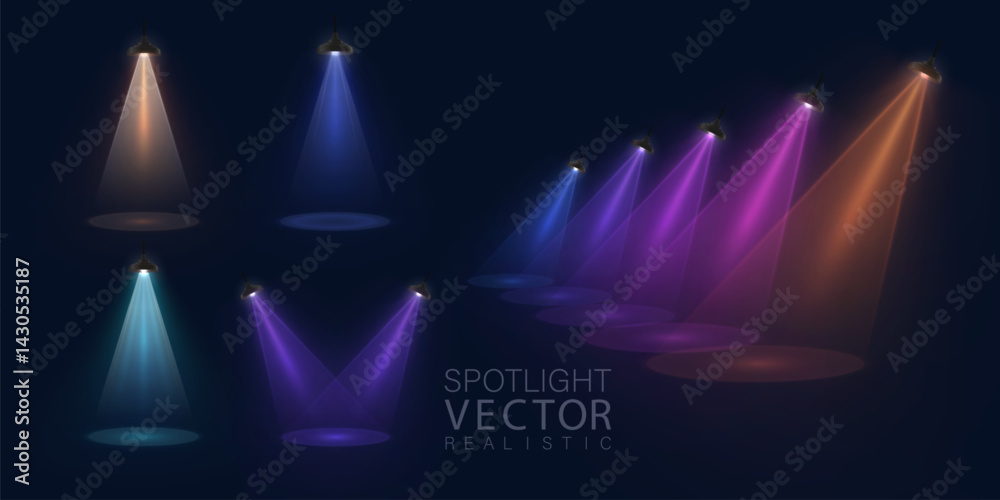 Leinwandbilder a set of multi-colored spotlights with realistic glow and directional light cone on a dark backgroun
