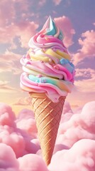 
3D illustration of an ice cream cone with many colorful swirls, pastel colors, the background is pastel clouds, 