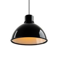Black dome pendant light fixture with warm light illumination hanging from above