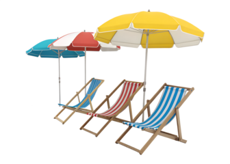 Colorful beach umbrellas and deck chairs on a transparent background