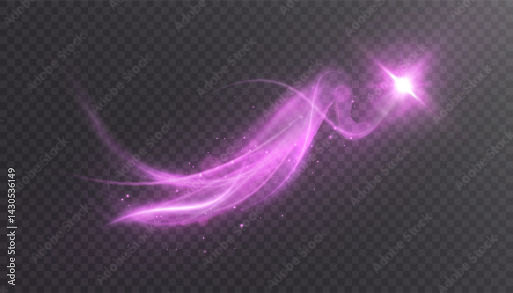 Poster magic pink light stream with glowing particles, trails and shining star. vector for fantasy effects,