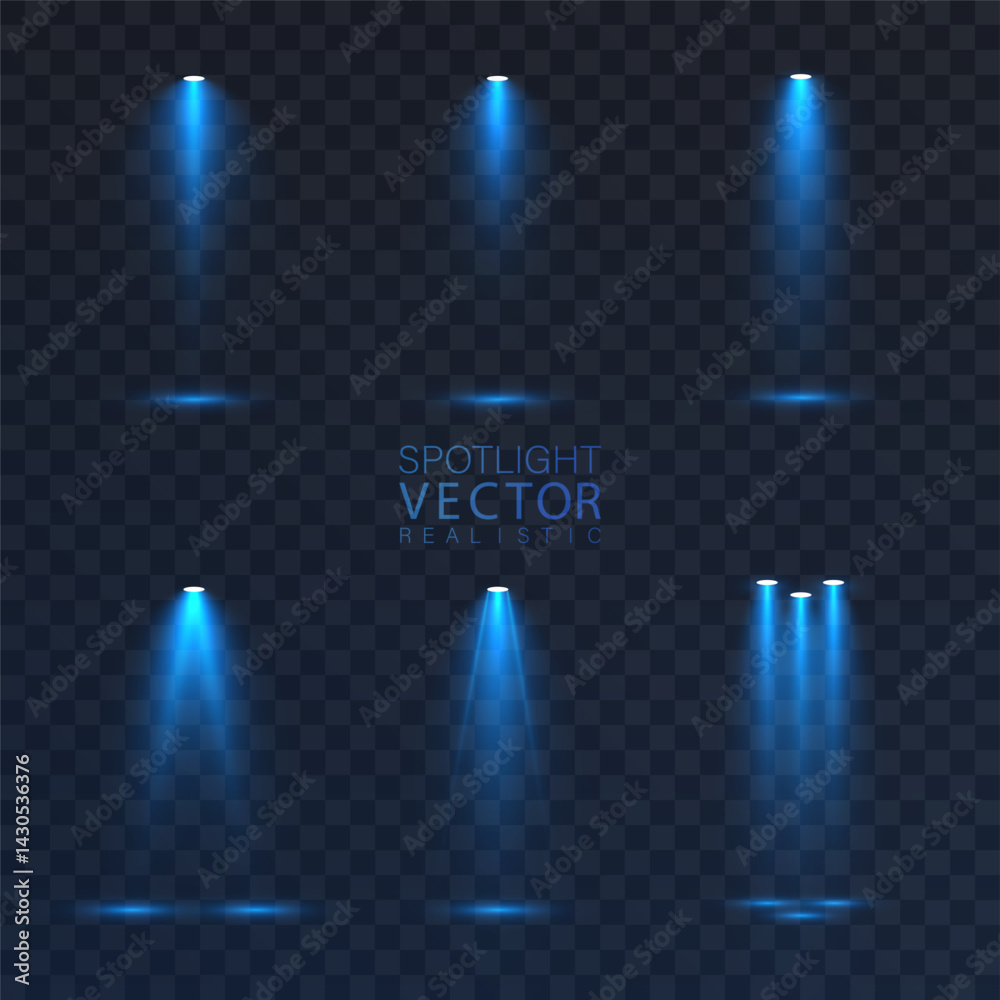 Poster collection of realistic blue light beams with glowing cones and atmospheric blur.