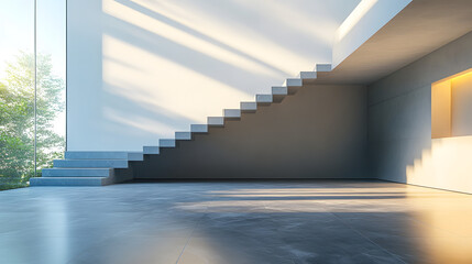 Fototapeta premium Moderne minimalistische Innenarchitektur mit Treppe und Sonnenlicht 