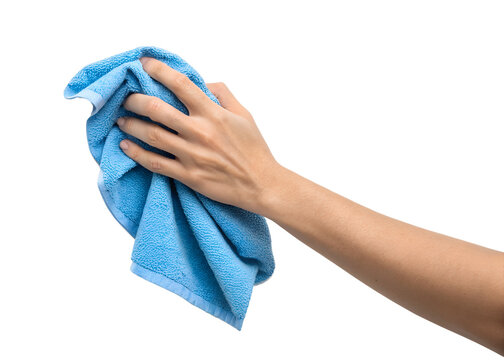 Hand applying blue cloth for cleaning on transparent background