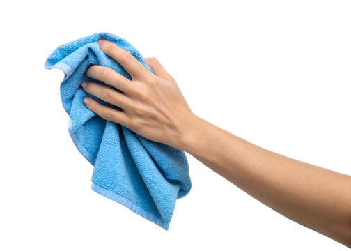 Hand applying blue cloth for cleaning on transparent background