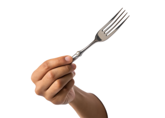 Hand holding a silver fork with a transparent background