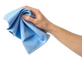 Hand holding a blue microfiber cloth for cleaning surfaces