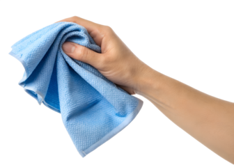 Hand holding a blue microfiber cloth for cleaning surfaces