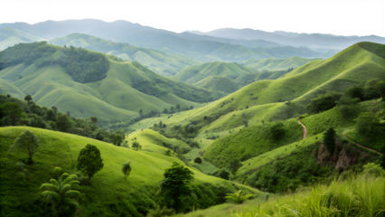 Lush green hills under a cloudy sky in a tranquil valley landscape