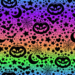 Seamless pattern with black halloween themed elements on bright gradient color background