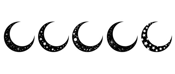Set of five crescent moons decorated with a scattering of stars. White background, isolated objects